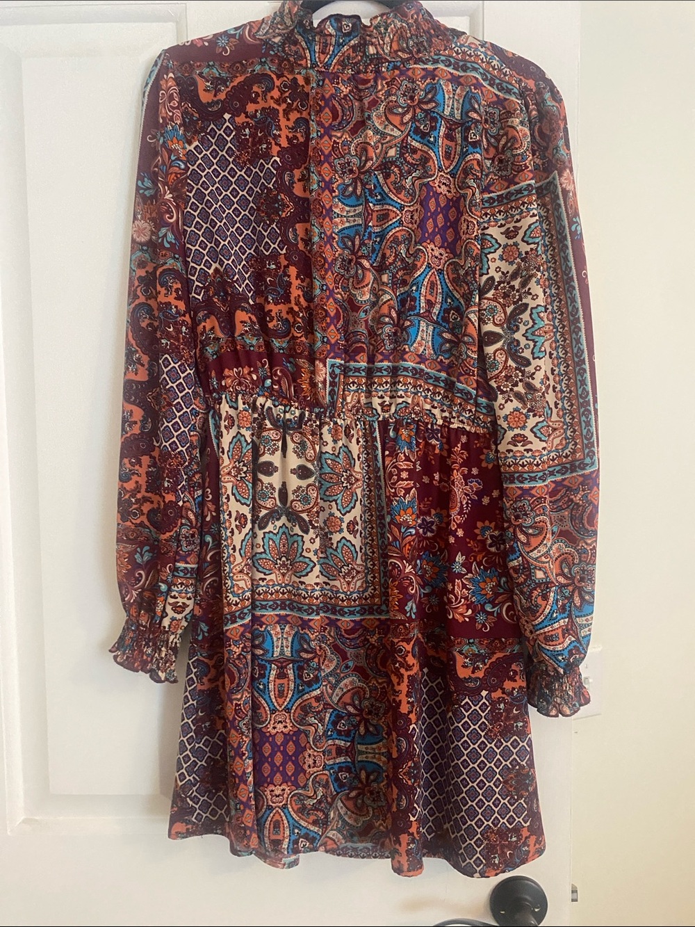 Chelsea & Violet Burgundy Multi Patchwork Long-Sleeve Mini Dress